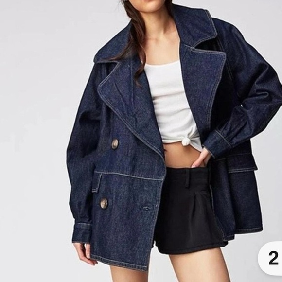 Free People - Denim Car Jacket NWOT L Double Breasted Pockets -Oversized Size M - Picture 6 of 11